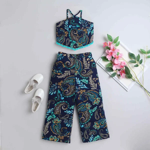 ethnic top and solid palazzo set-Multi